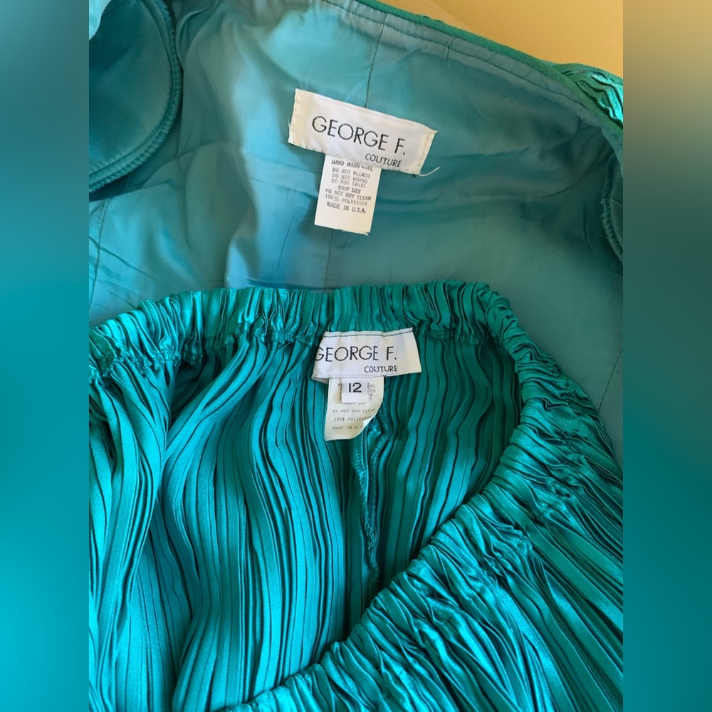 VTG GLAM George F. Couture Emerald Green 2PC Evening Suit Set Floral Detail - Picture 12 of 13